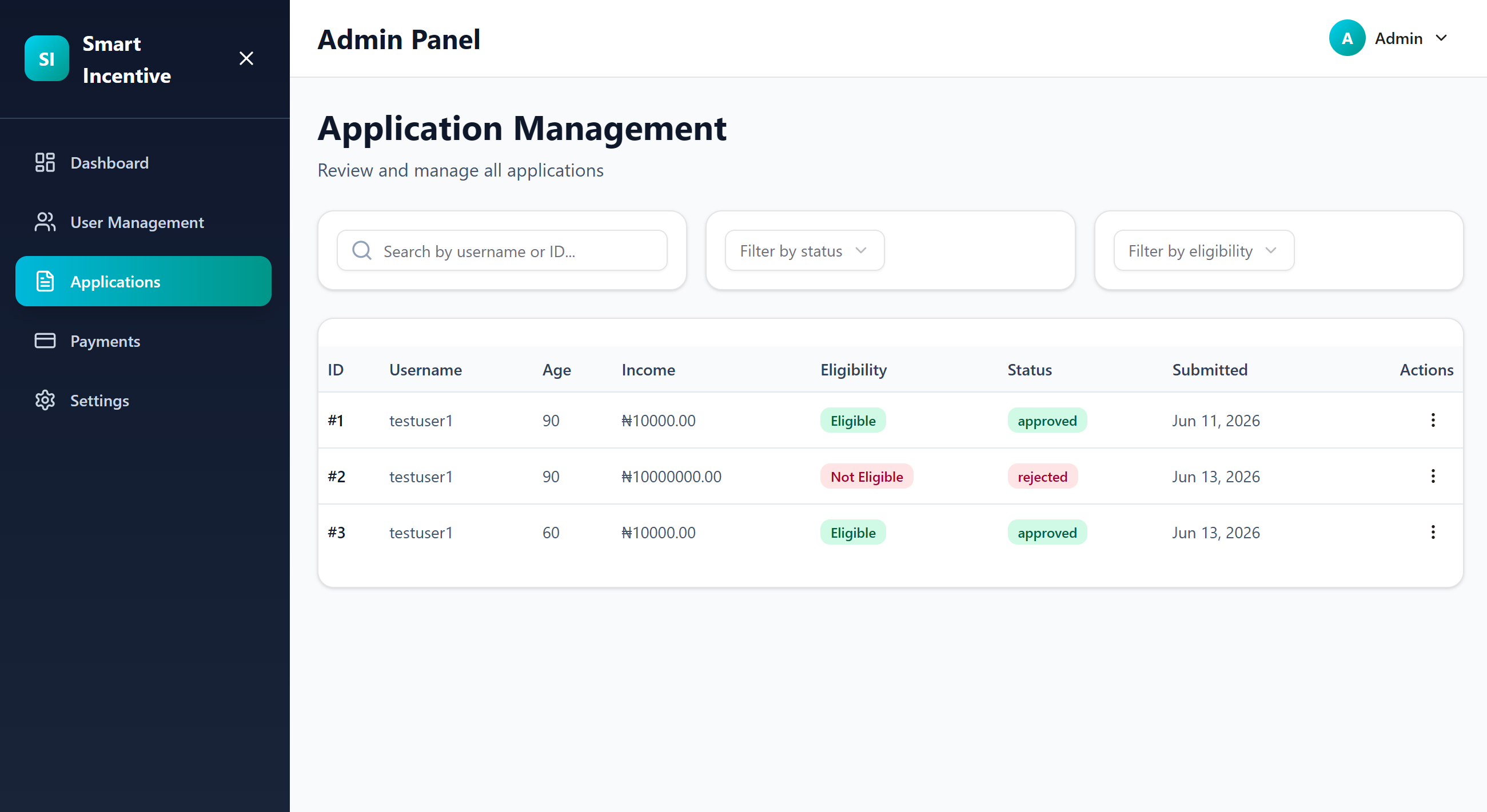 application management page