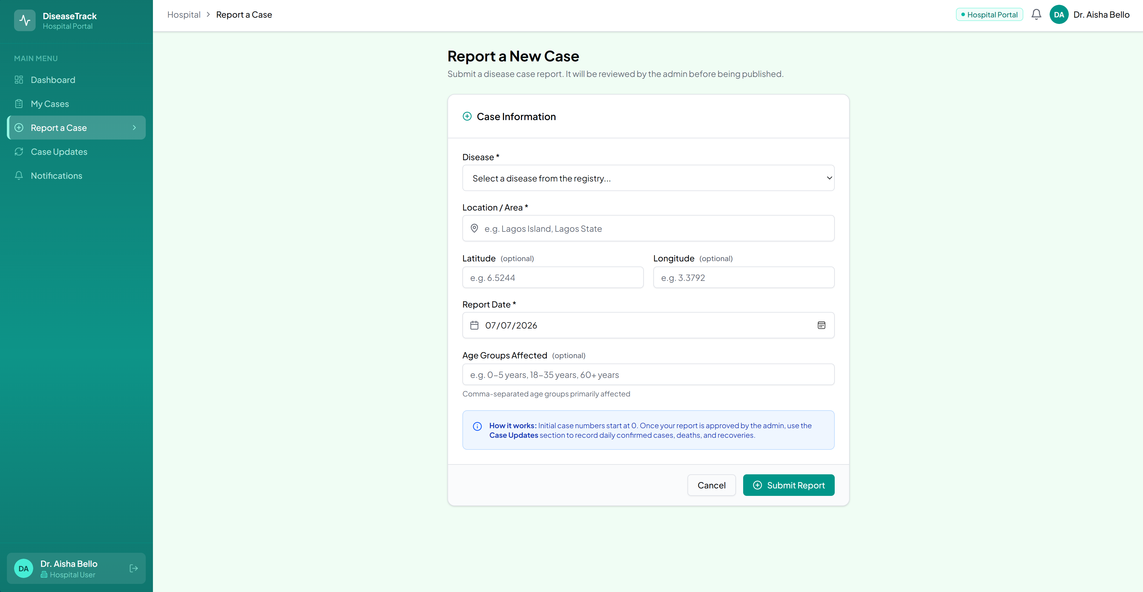 New case reporting page