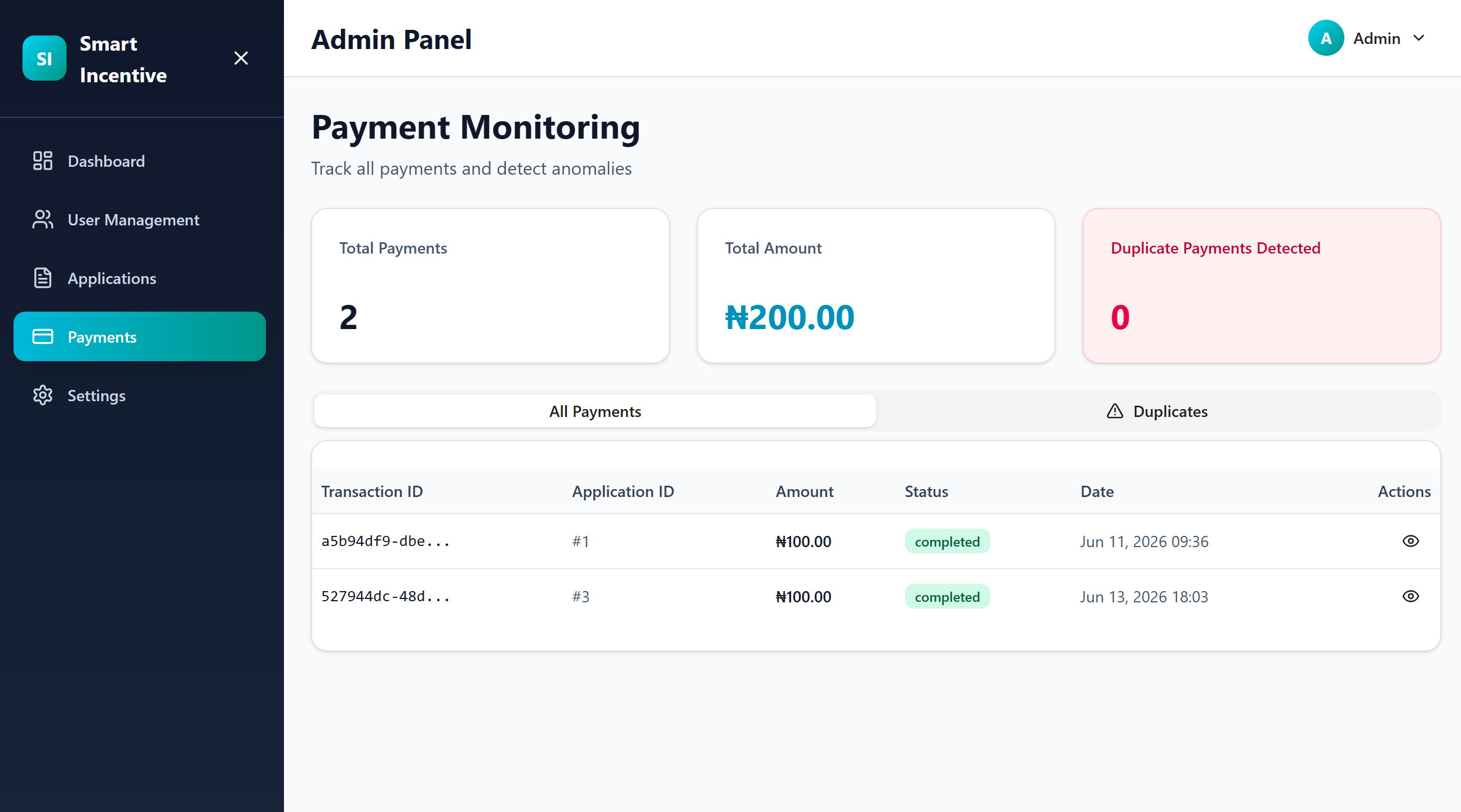 payment monitoring page