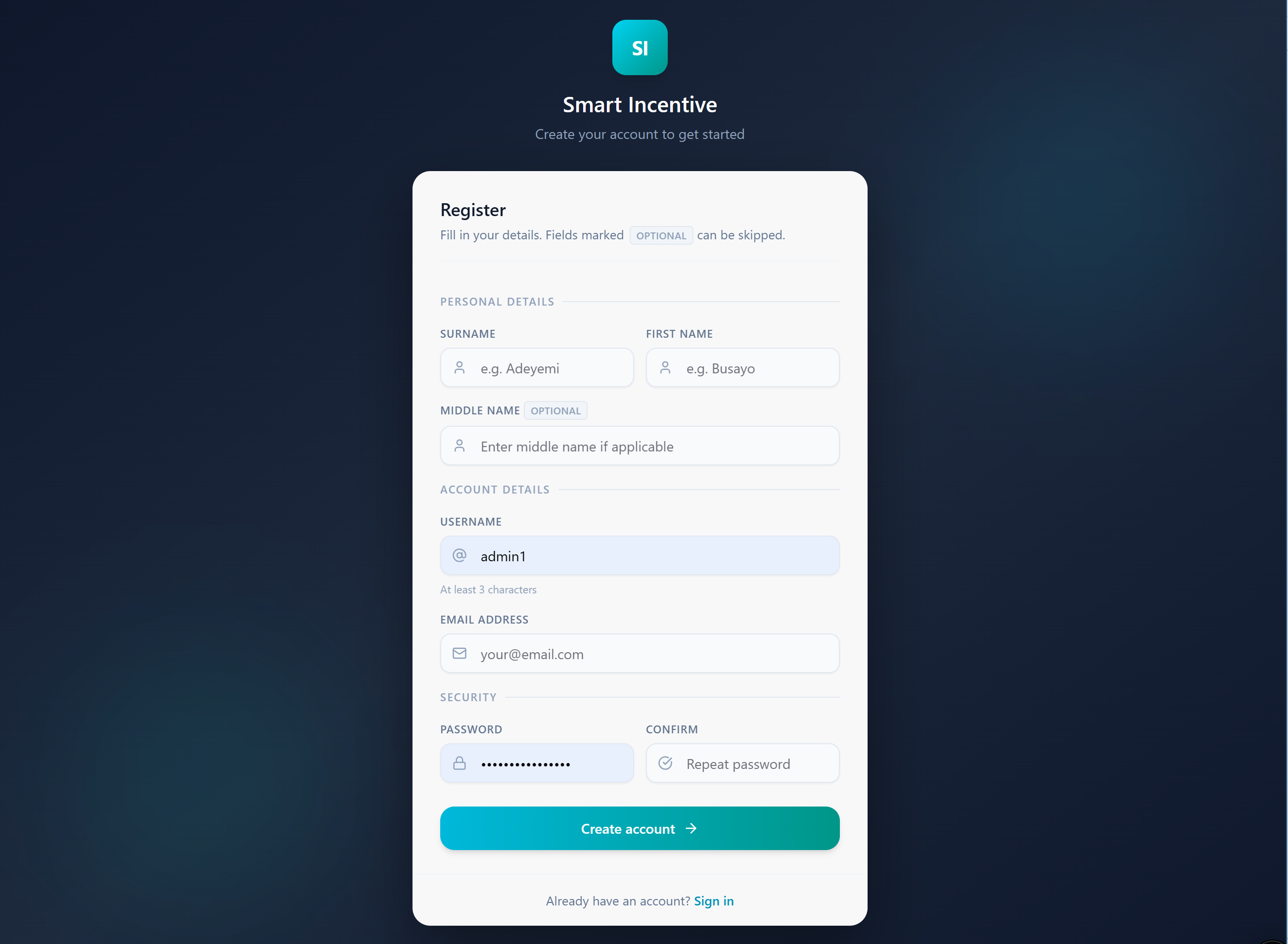 User registration page